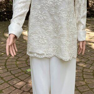 Scaasi Two-piece Ivory Off-White Lace Tunic Top and Pant Outfit Set Size 8